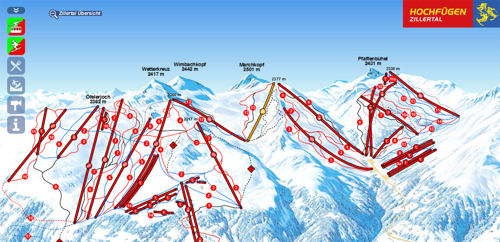 One click away from the interactive panoramic map of the ski resort Hochfügen – Hochzillertal